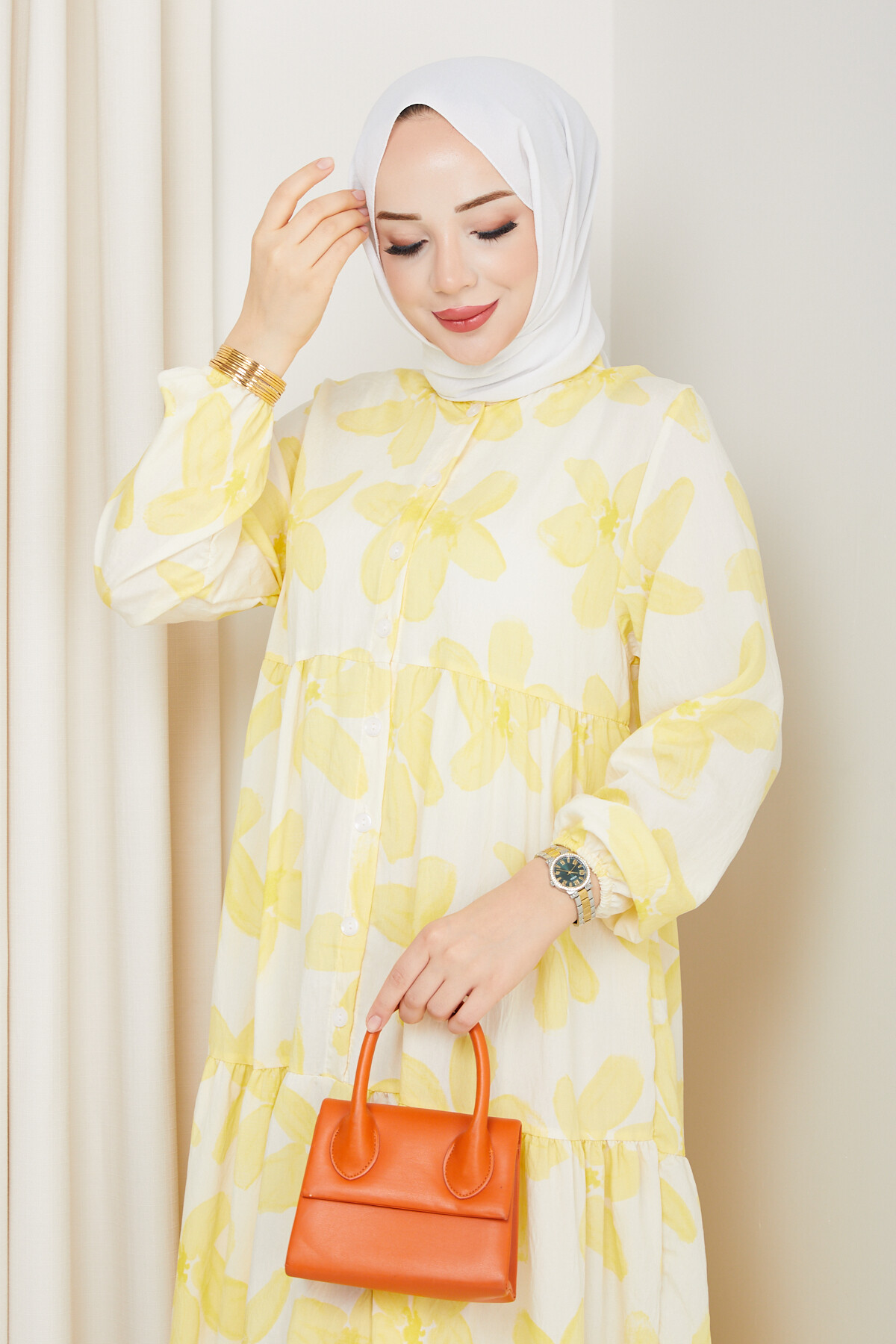 ZU YARIM DÜĞMELİ ÇİÇEK DESEN ELBİSE-SARI