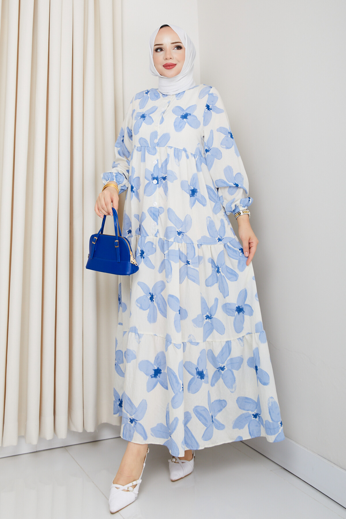 ZU YARIM DÜĞMELİ ÇİÇEK DESEN ELBİSE-MAVİ