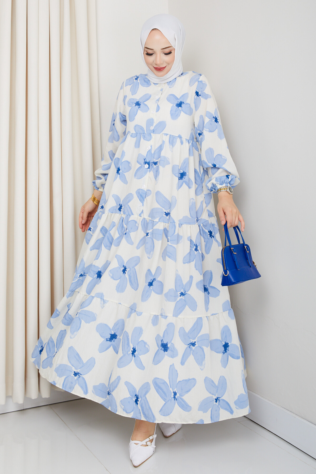 ZU YARIM DÜĞMELİ ÇİÇEK DESEN ELBİSE-MAVİ