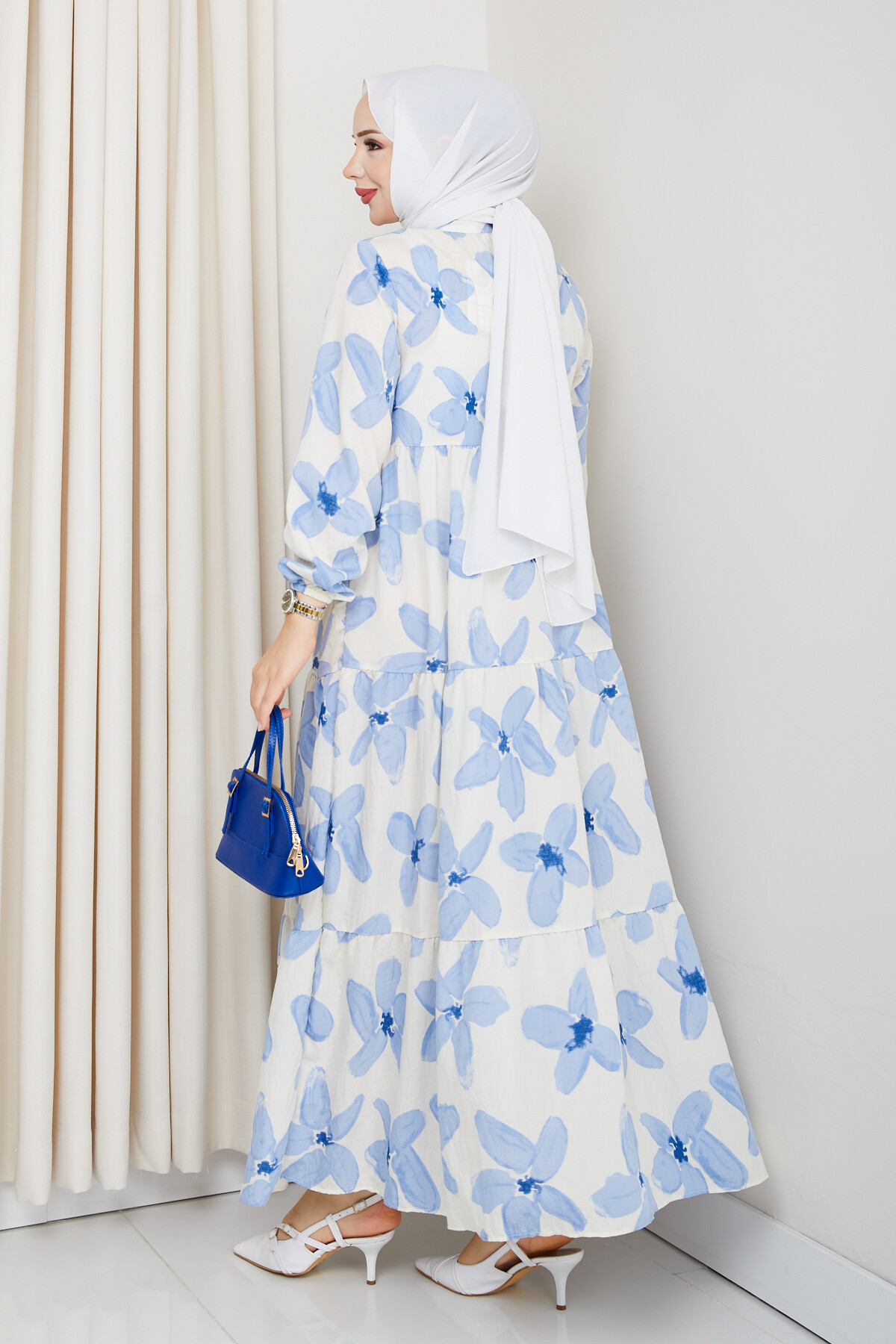 ZU YARIM DÜĞMELİ ÇİÇEK DESEN ELBİSE-MAVİ