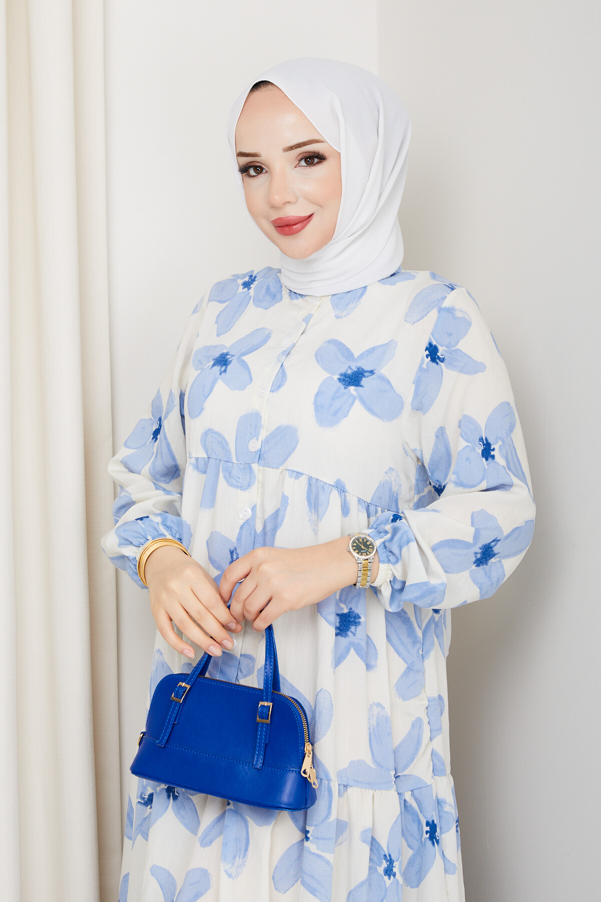 ZU YARIM DÜĞMELİ ÇİÇEK DESEN ELBİSE-MAVİ