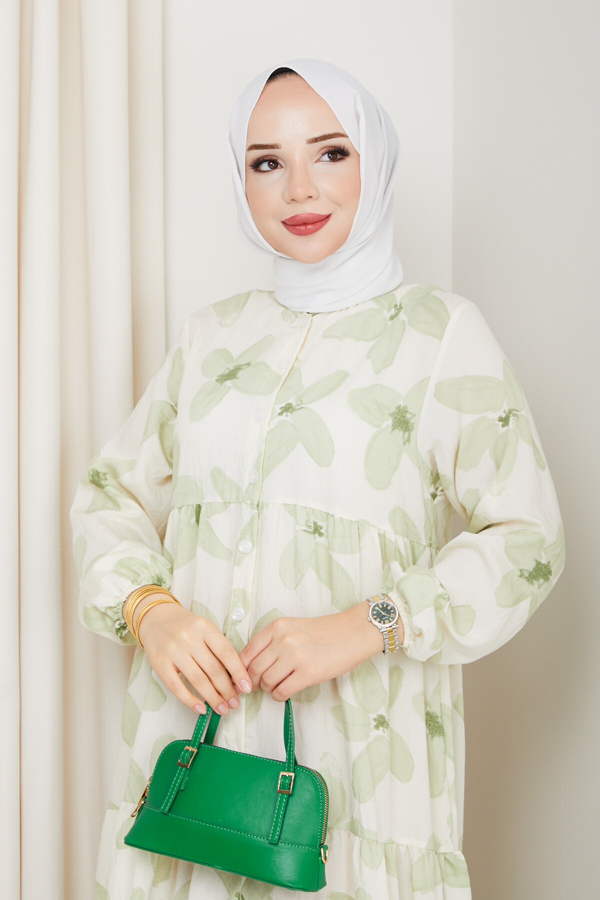 ZU YARIM DÜĞMELİ ÇİÇEK DESEN ELBİSE-YEŞİL