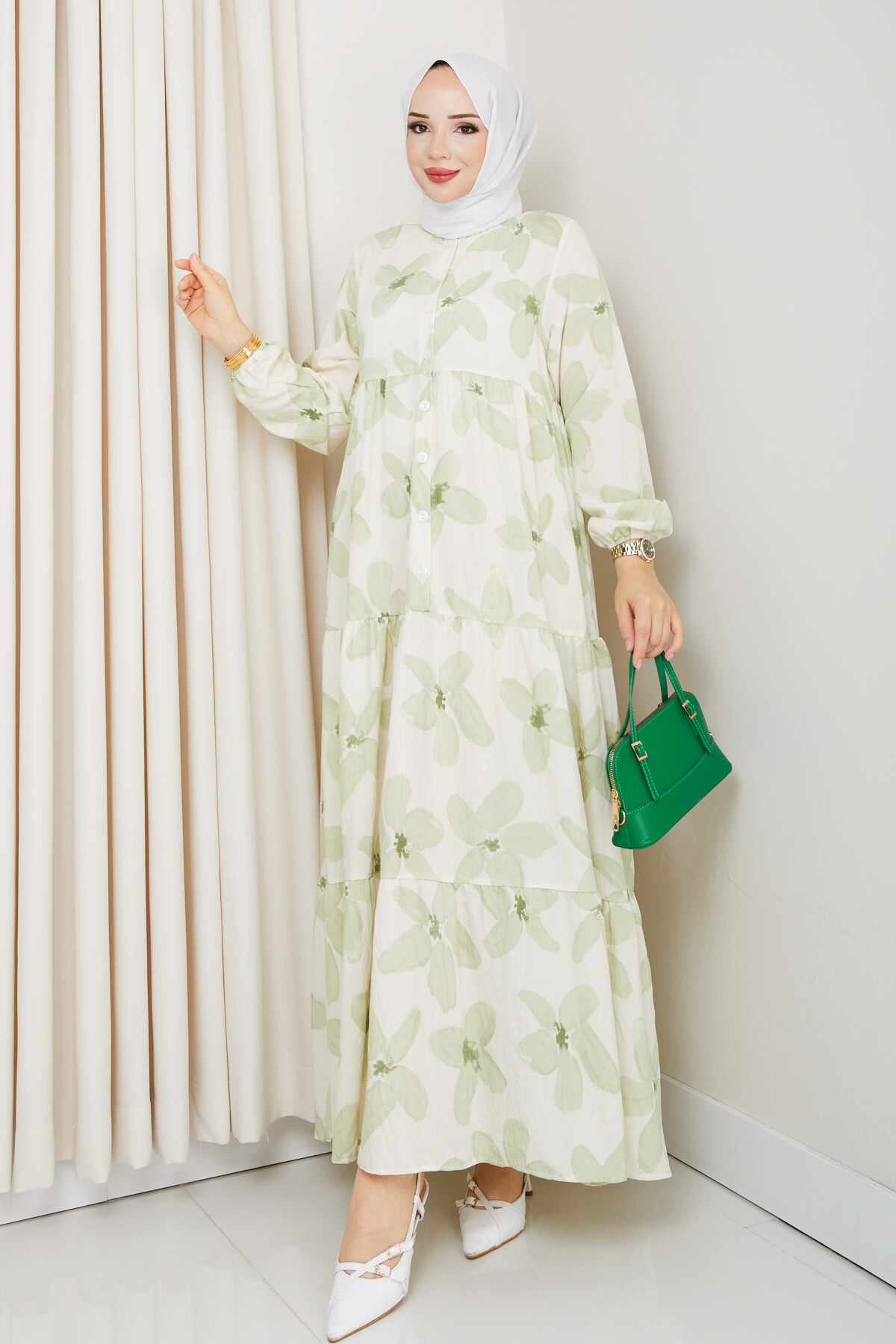 ZU YARIM DÜĞMELİ ÇİÇEK DESEN ELBİSE-YEŞİL