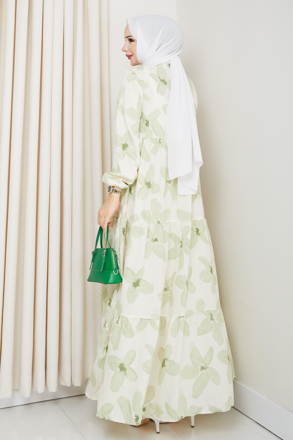 ZU YARIM DÜĞMELİ ÇİÇEK DESEN ELBİSE-YEŞİL