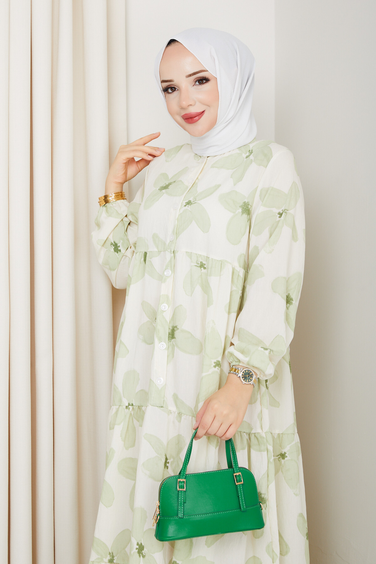 ZU YARIM DÜĞMELİ ÇİÇEK DESEN ELBİSE-YEŞİL