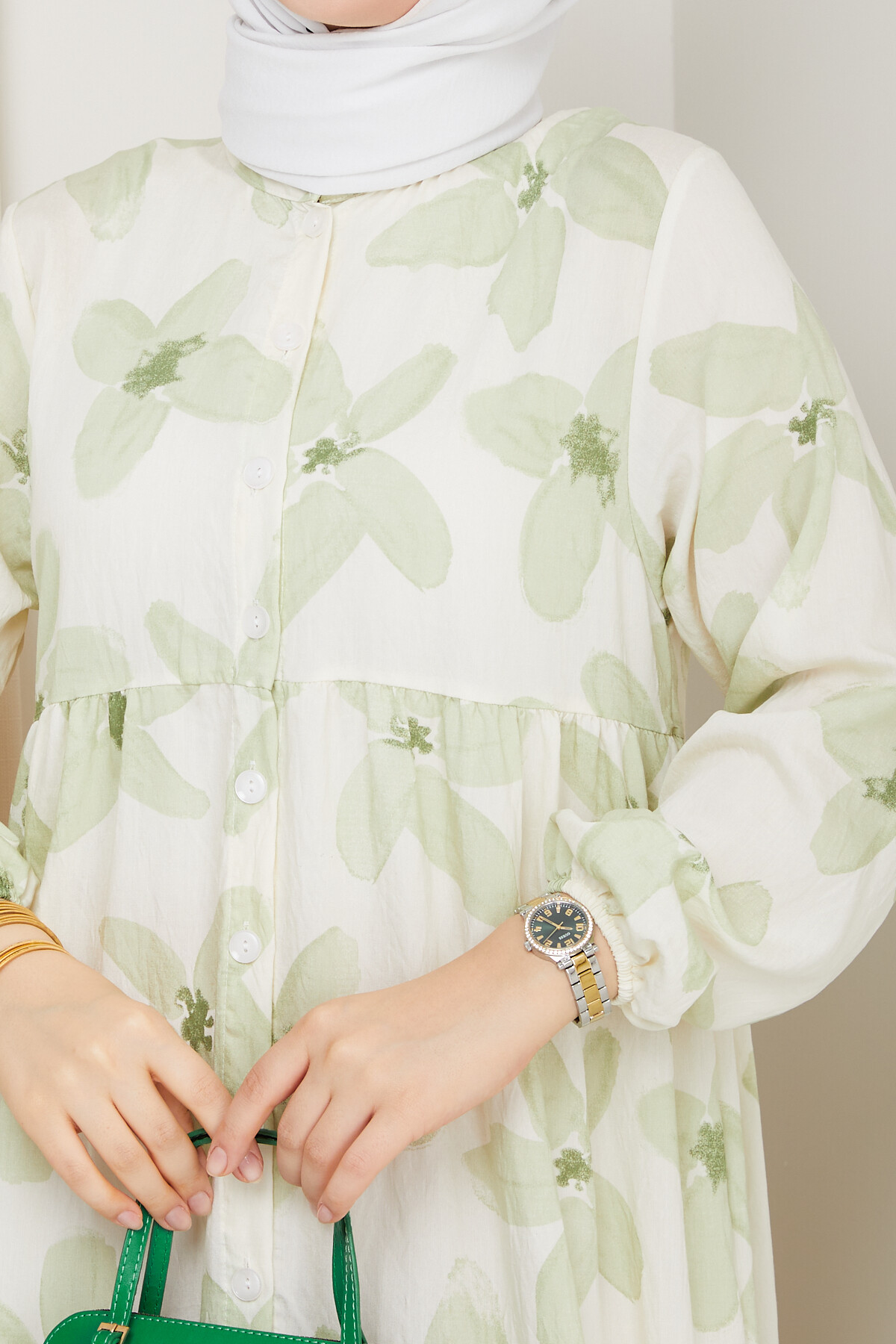 ZU YARIM DÜĞMELİ ÇİÇEK DESEN ELBİSE-YEŞİL