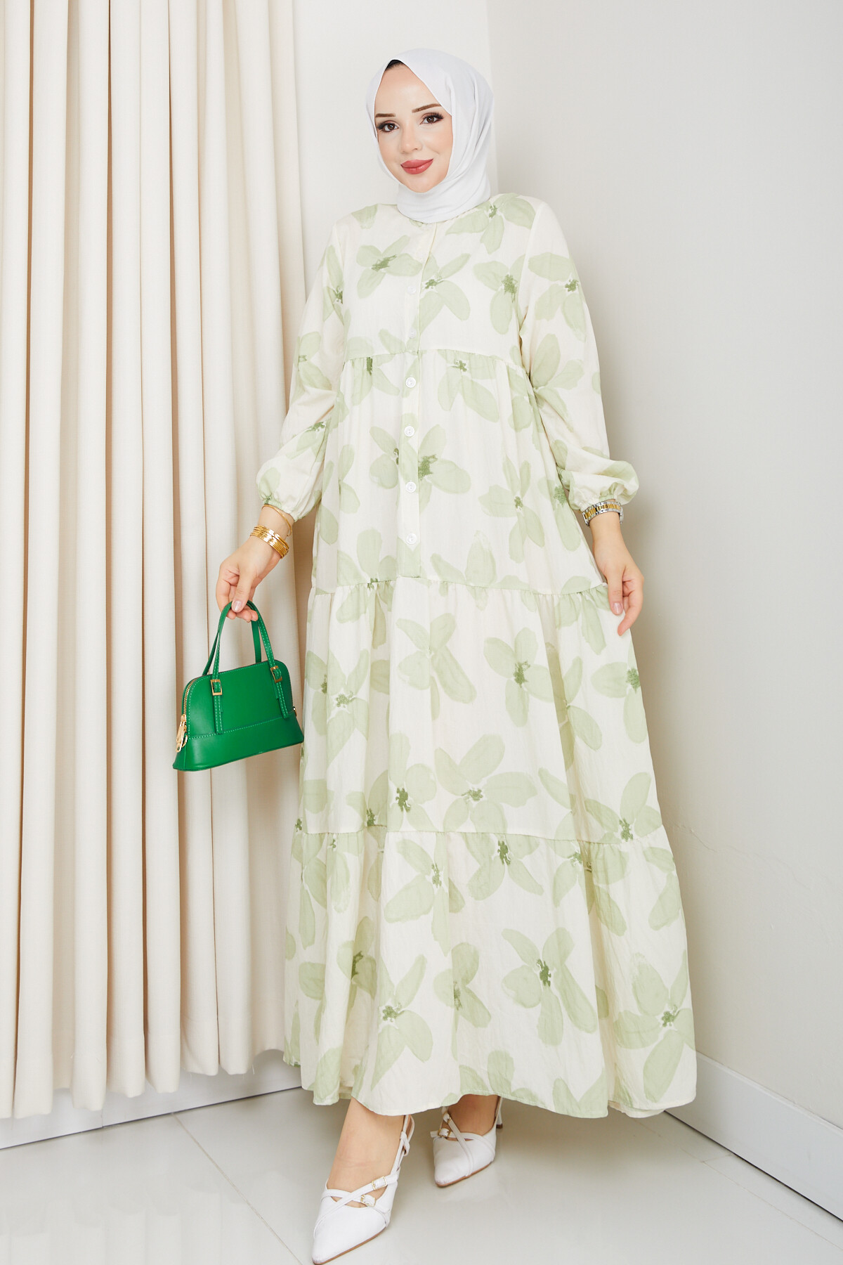 ZU YARIM DÜĞMELİ ÇİÇEK DESEN ELBİSE-YEŞİL