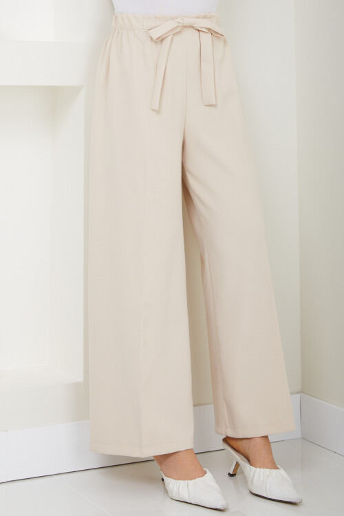 BEL BAĞLAMALI BOL PAÇA KUMAŞ PANTOLON-KREM