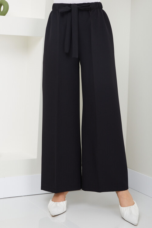 BEL BAĞLAMALI BOL PAÇA KUMAŞ PANTOLON-SİYAH