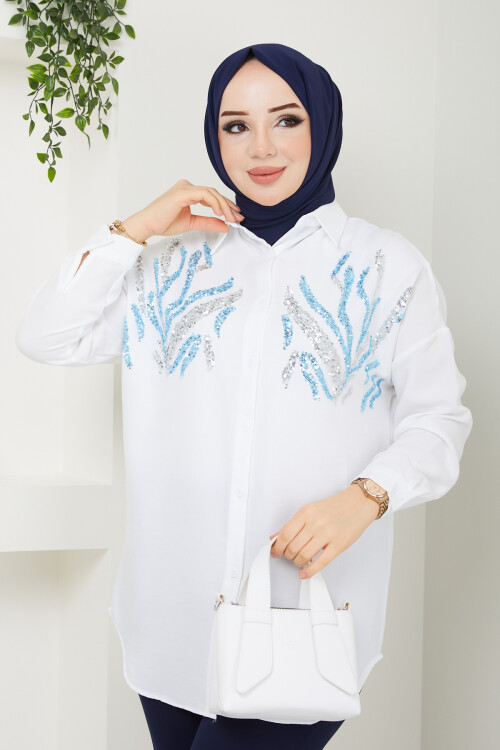 ÇİFT RENK PUL DETAY GÖMLEK 2293-BEYAZ