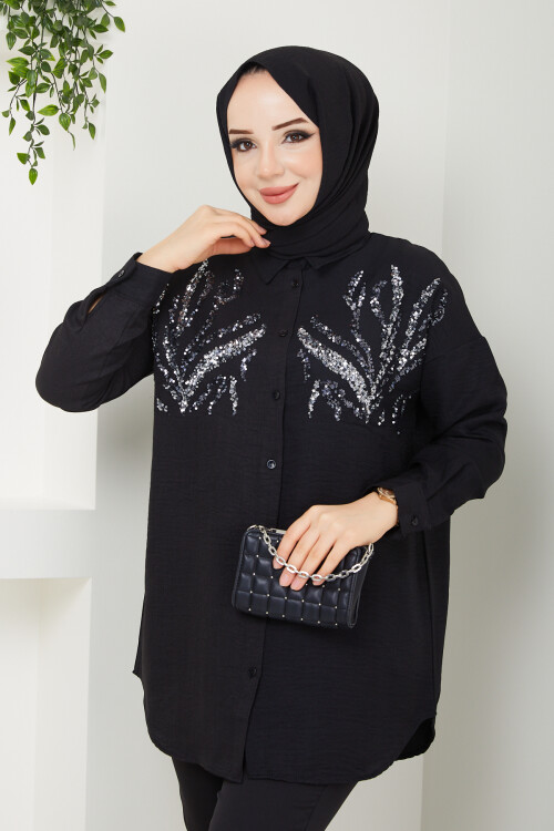 ÇİFT RENK PUL DETAY GÖMLEK 2293-SİYAH