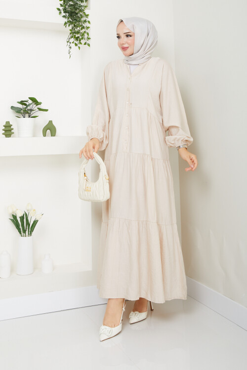 ÇİLEK SALAŞ DÜĞMELİ ELBİSE-KREM