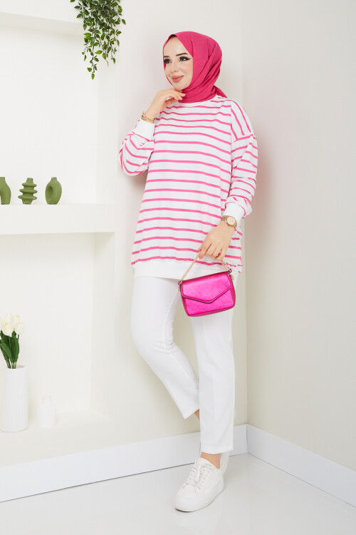 ÇİZGİLİ SWEAT KUMAŞ PANTALON KOMBİN-PEMBE