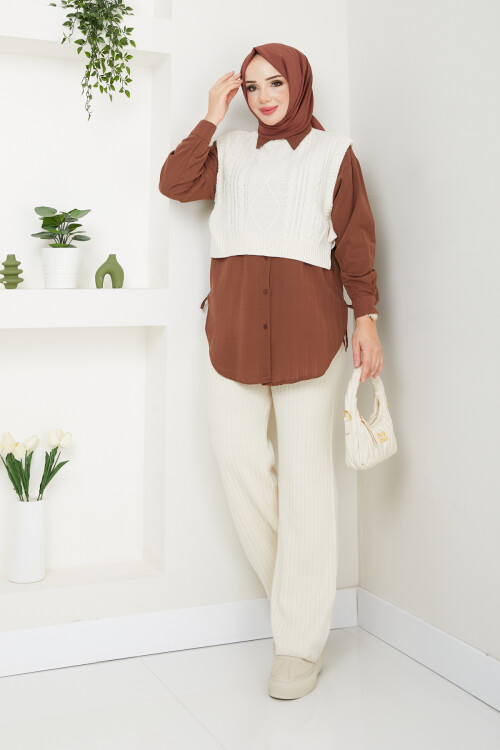 CROP SÜVETER ÜÇLÜ KOMBİN-CAMEL