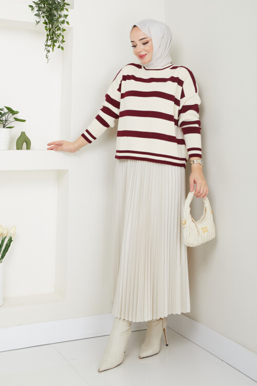 KALIN ÇİZGİLİ CROP ETEK KOMBİN-BORDOLU KREM