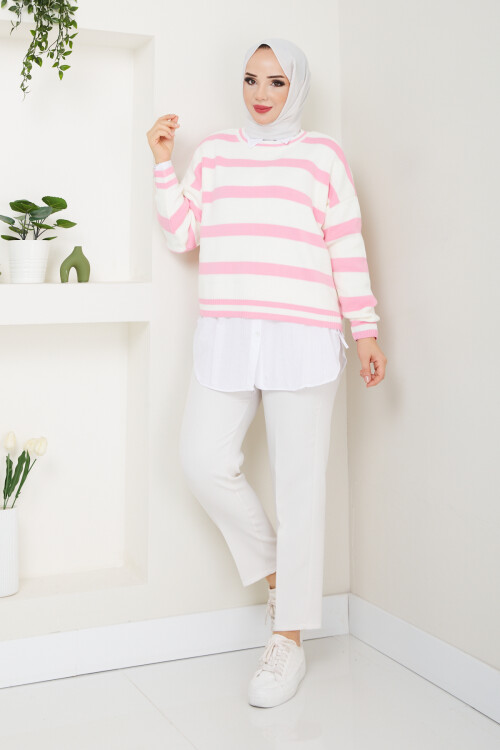 KALIN ÇİZGİLİ CROP KAZAK KOMBİN-PEMBE