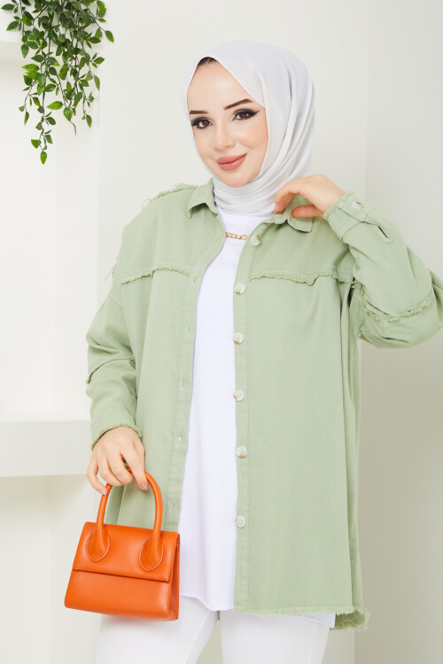 KETEN PÜSKÜL DETAY GÖMLEK - YEŞİL