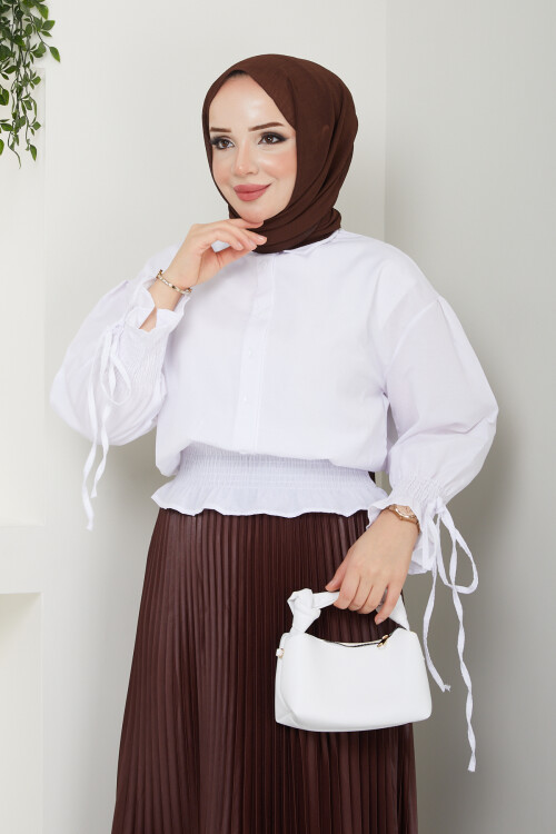 KOL BİYELİ GÜPÜRLÜ GÖMLEK-BEYAZ