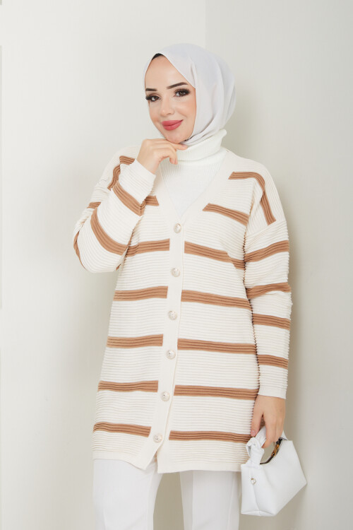 NVLX  ÇİZGİLİ UZUN HIRKA-KREMCAMEL