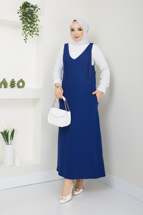 OMUZ PARÇALI V YAKA TRİKO JİLE- SAKS MAVİ