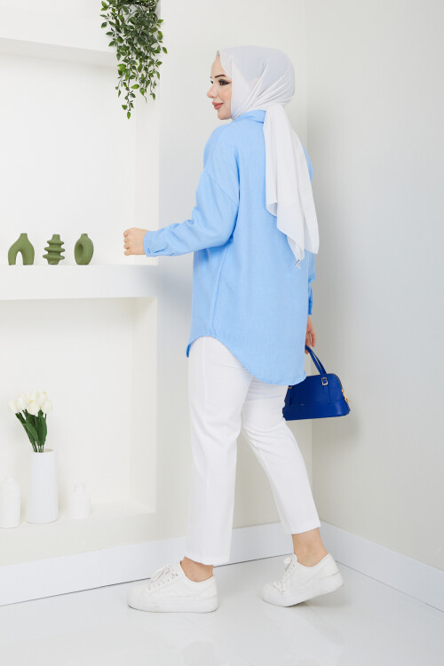 PULLU GÖMLEK KUMAŞ PANTALON KOMBİN-BEBE MAVİ