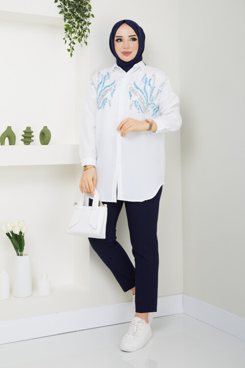 PULLU GÖMLEK KUMAŞ PANTALON KOMBİN-BEYAZ LACİVERT