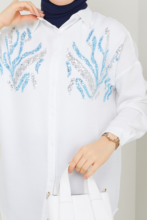 PULLU GÖMLEK KUMAŞ PANTALON KOMBİN-BEYAZ LACİVERT