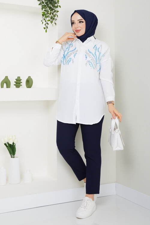 PULLU GÖMLEK KUMAŞ PANTALON KOMBİN-BEYAZ LACİVERT