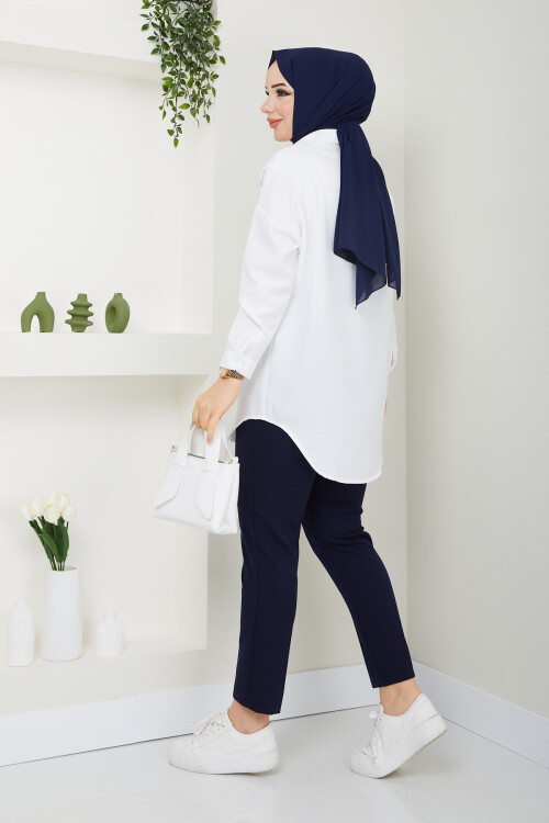 PULLU GÖMLEK KUMAŞ PANTALON KOMBİN-BEYAZ LACİVERT