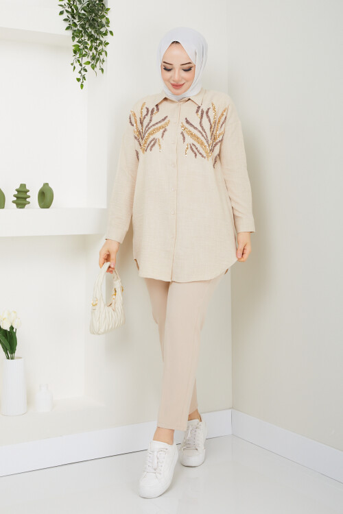 PULLU GÖMLEK KUMAŞ PANTALON KOMBİN - CAMEL