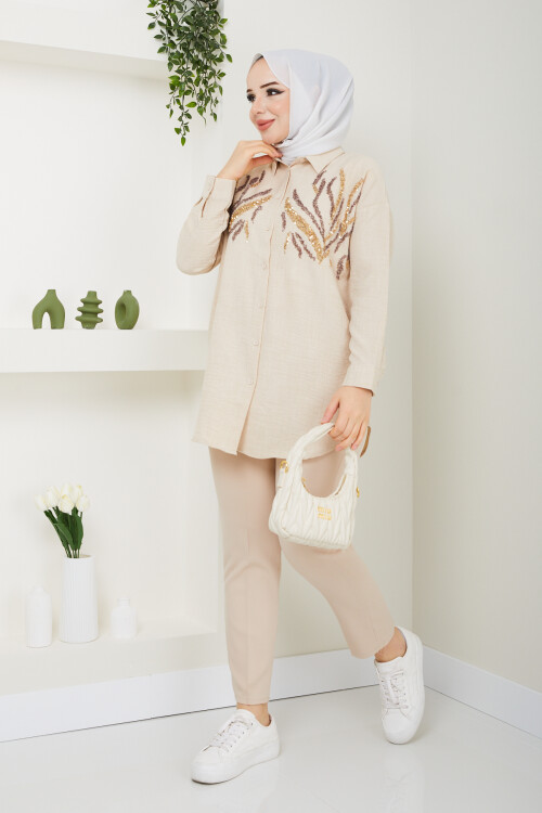 PULLU GÖMLEK KUMAŞ PANTALON KOMBİN - CAMEL