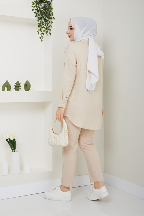 PULLU GÖMLEK KUMAŞ PANTALON KOMBİN - CAMEL