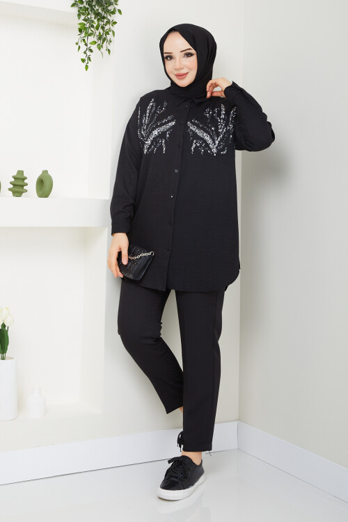 PULLU GÖMLEK KUMAŞ PANTALON KOMBİN-SİYAH