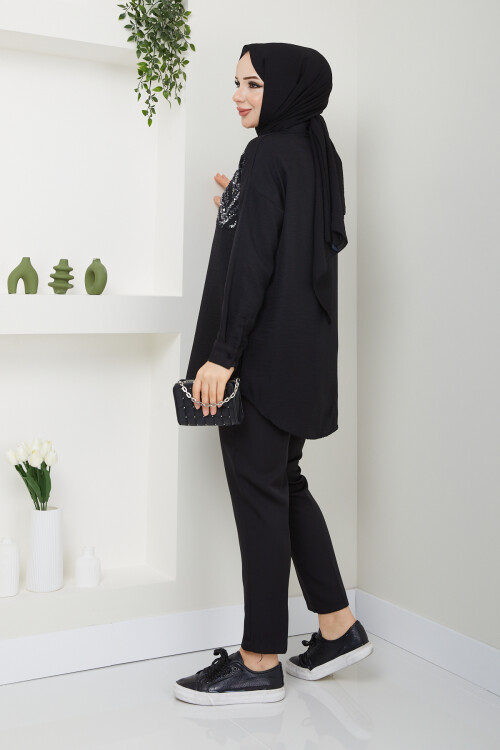 PULLU GÖMLEK KUMAŞ PANTALON KOMBİN-SİYAH