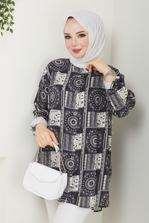 ŞAL DESEN OVERSİZE TUNİK-SİYAH