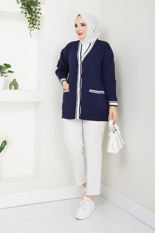 TRTŞ DİKİŞ DETAY CEPLİ HIRKA-LACİVERT