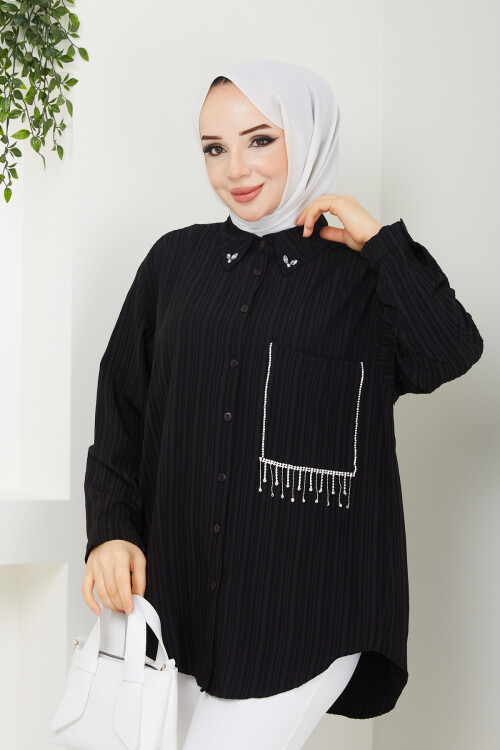 YAKA VE CEP TAŞ DETAY GÖMLEK-SİYAH