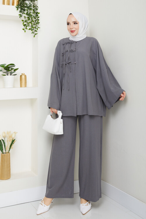 BAĞCIK VE DÜĞME DETAY KETEN TAKIM - GRİ