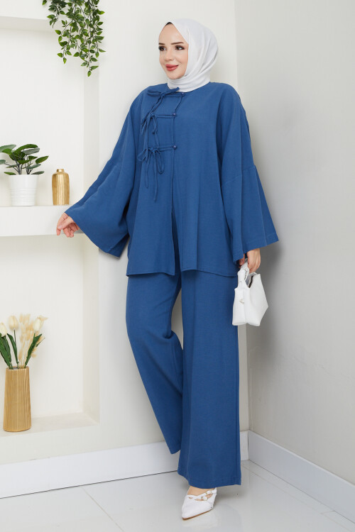 BAĞCIK VE DÜĞME DETAY KETEN TAKIM - MAVİ