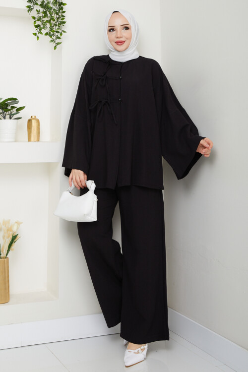 BAĞCIK VE DÜĞME DETAY KETEN TAKIM - SİYAH