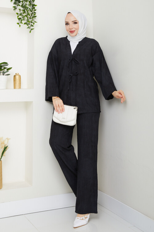 BAĞLAMALI İP DETAY KİMONO TAKIM - SİYAH