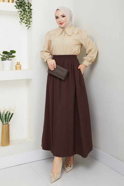 BEBE YAKA GÖMLEK ETEKLİ KOMBİN-BEJ