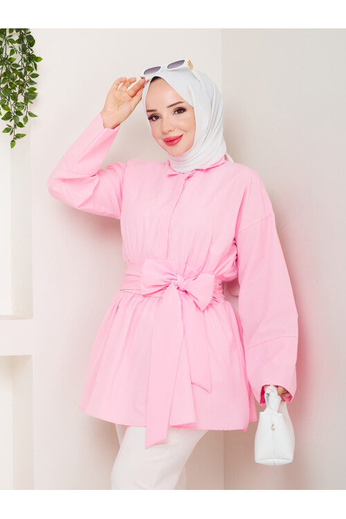 BELDEN OTURTMALI BAĞLAMALI GÖMLEK-PEMBE