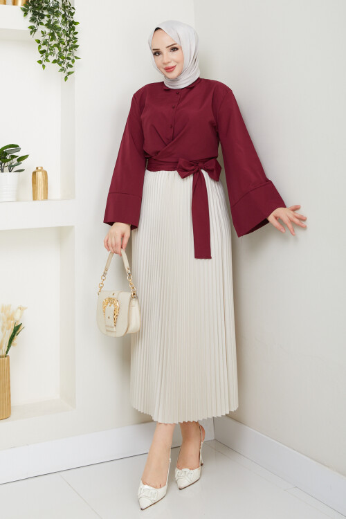 ÇAPRAZ BAĞLAMALI CROP ETEK KOMBİN-BORDO