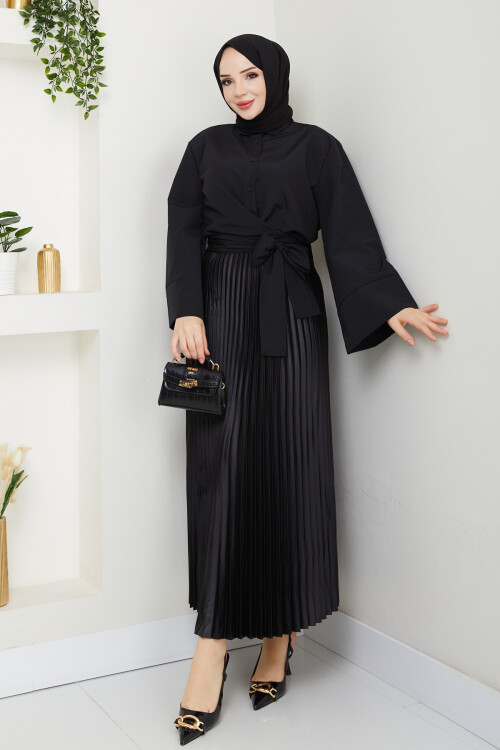 ÇAPRAZ BAĞLAMALI CROP ETEK KOMBİN-SİYAH