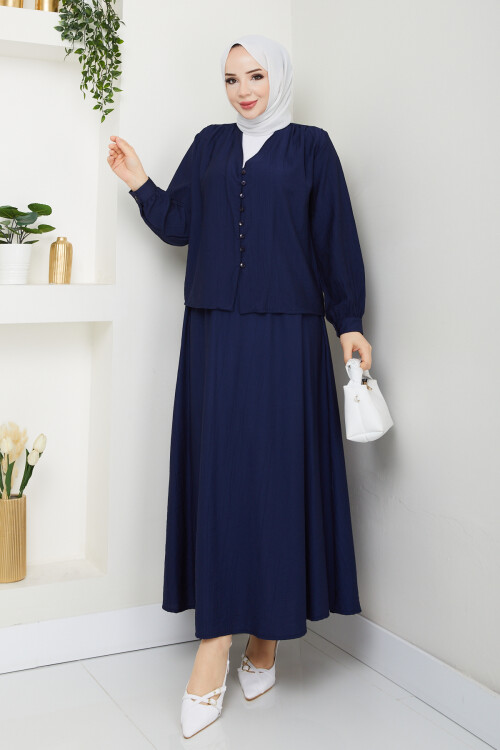 ÇİLEK DÜĞMELİ ETEKLİ TAKIM-LACİVERT