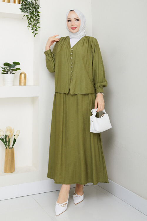 ÇİLEK DÜĞMELİ ETEKLİ TAKIM-YEŞİL