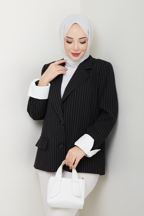 ÇİZGİLİ KOLLARI BEYAZ MANŞET CEKET - SİYAH