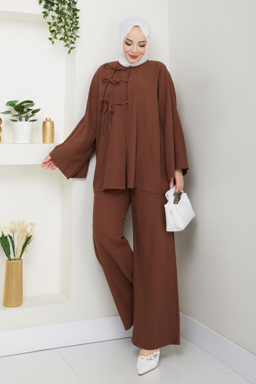 BAĞCIK VE DÜĞME DETAY KETEN TAKIM - ACI KAHVE