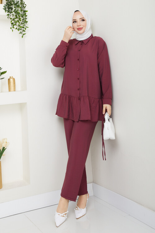 ETEK BÜZGÜ DETAY PANTOLONLU TAKIM - BORDO